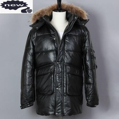 Fashion Genuine Leather Men Black Cowskin Jacket Fur Hooded White Duck Down Long Two Pockets Winter Coat