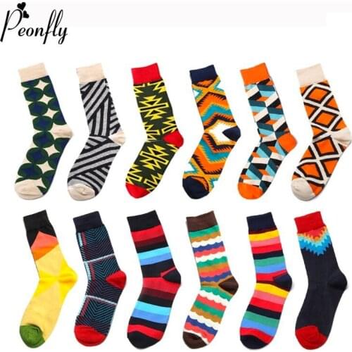 Peonfly Men Fashion Colorful Lattice Striped Jacquard Art Dress Cotton Socks Multi Pattern Long Funny Happy Skateboard Sock Male