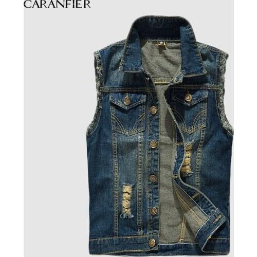 CARANFIER Mens Denim Jeans Vest Coat Ripped Tassel Pocket Sleeveless Jacket 6XL Spring Male Streetwear Cowboy Waistcoat Jackets