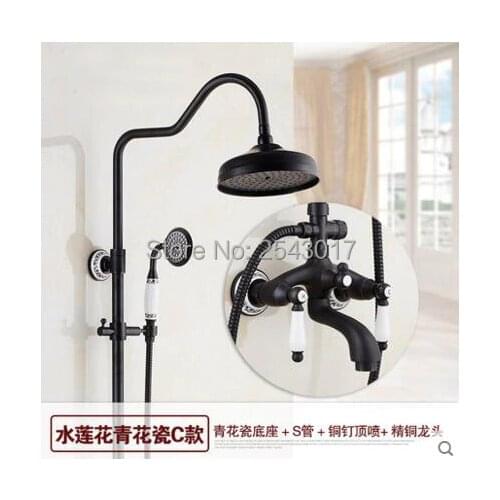 Bathroom Shower Set Black Color Dual Handle Wall Mounted 8" Rainfall Shower with Ceramic Hand Shower ZR65