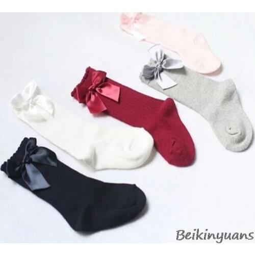 Spring and Autumn Vertical Stripe Bows in Tubes Childrens Combed Cotton Bubbles Butt Feet Sweet Princess Socks