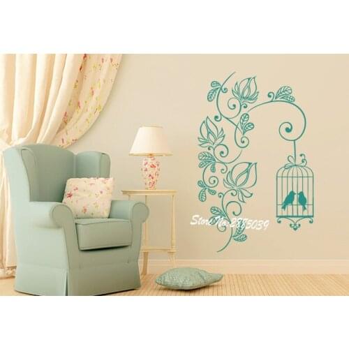 New Design Hot Selling Flowering Branch with Bird Cage Wall Sticker Flower Art Vinyl Self-Adhesive Living Room Mural Decal LA190