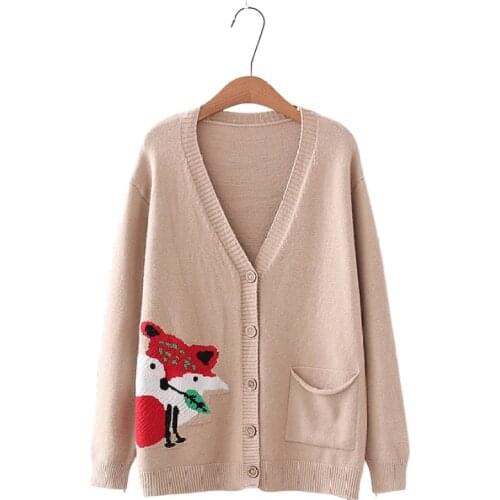 New Womens Japan Style V-neck Cartoon Fox Embroidered Girl Knitted Sweater 2020 Autumn Cardigan Jacquard Sweaters