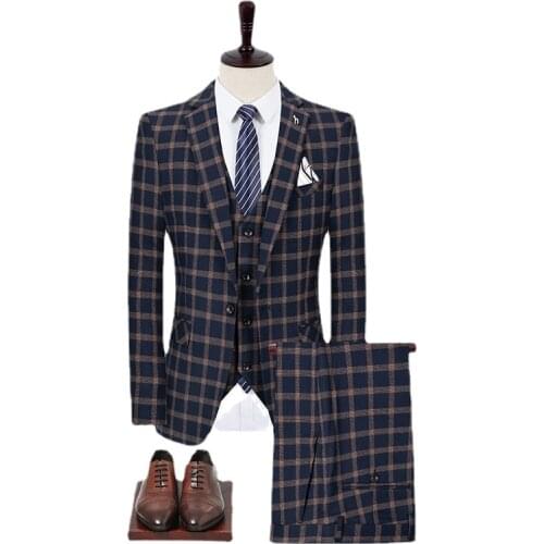 Jacket+Vest+Pants) Three-Piece Male Formal Business Slim Fit Plaids Blazers Luxury Groom Wedding Dress Plaid Striped Mens Suit