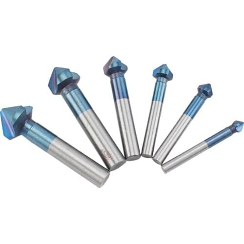 HSS Chamfer Drill Bit 6Pcs 6.3-20.5mm 90Degrees 3 Flutes Countersink Drill Bit Nano Blue Coated Chamfer Cutter