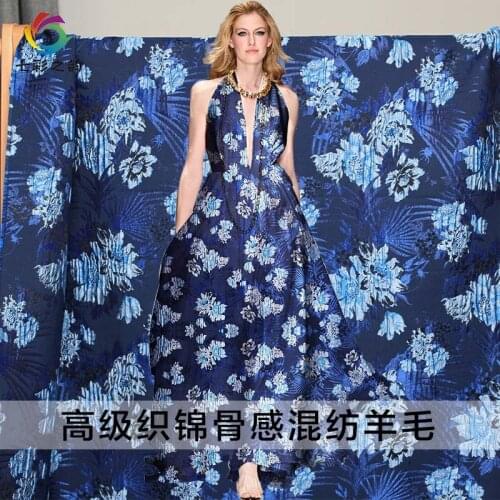 The cloth Blue Flower Brocade Little Hard Fabrics Wool and Polyester Materials Autumn Evening Dress Sewing Cloth Freeshipping