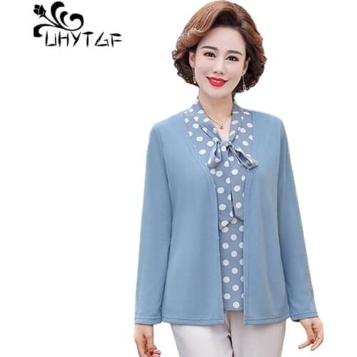 UHYTGF Spring Autumn Top Women Fashion Fake Two Piece Pullover T-Shirts Female Middle-Aged Mother Loose Plus Size Clothing 1255