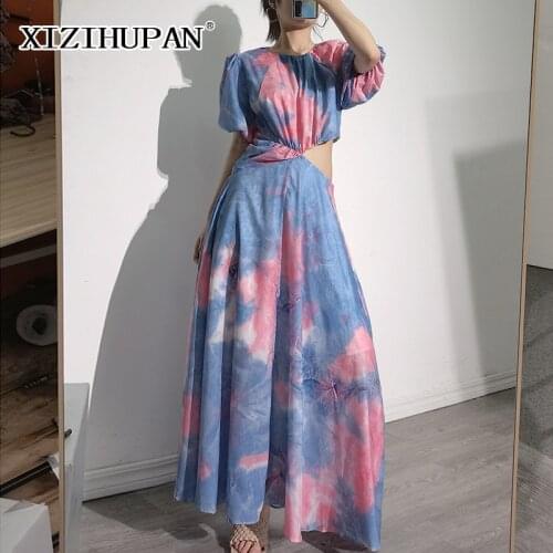XIZIHUPAN Tie Dye Hollow Out Dress For Women O Neck Puff Short Sleeve High Waist Hit Color A Line Maxi Dresses Female 2021 Style
