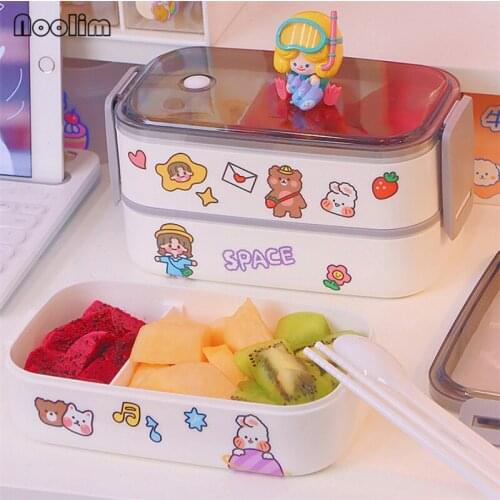 Japanese Plastic Cute Double Layer Lunch Box Food Container With Cover and Cutlery Office Worker Student Portable Bento Box