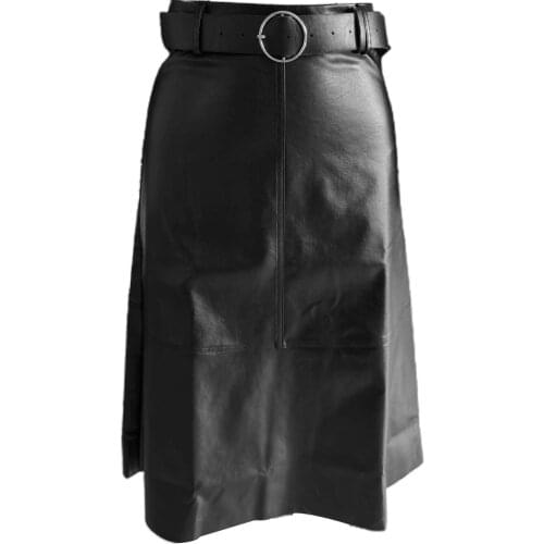 Autumn Stylish Women Straight Skirt Solid Color Faux Leather High Waist Office Midi Skirt with Belt All Match PU Lady Skirt 2020