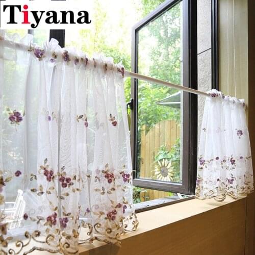Korean Pastoral Purple Flower Half Curtain For Kitchen Small Window Garden Coffee Cabinet Door Valance Tulle Panel JK178Z