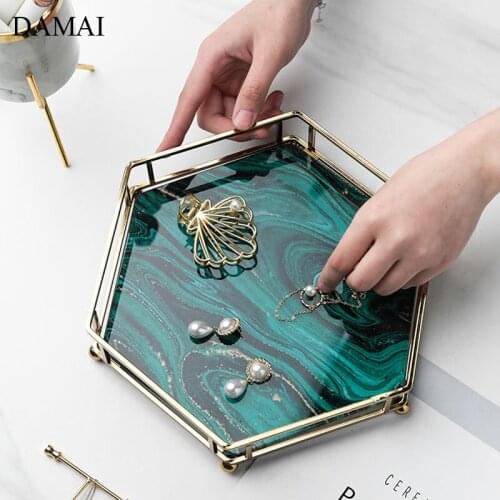 Green Agate Texture Storage Trays Gold Inlay Octagon Glass Jewelry Necklace Display Tray Cosmetic Container Bathroom Decoration