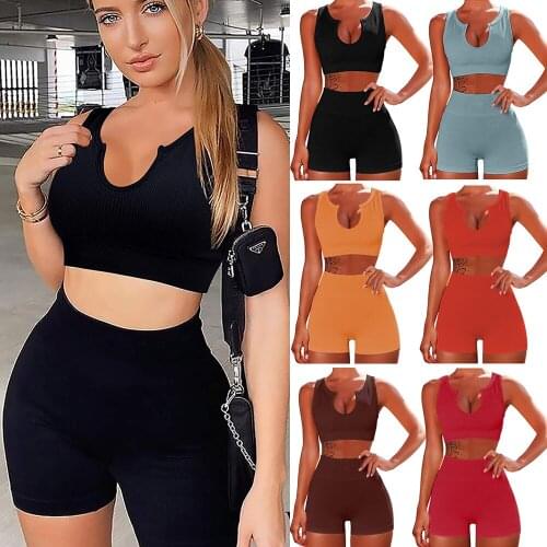 KIWI RATA Yoga Workout Sets for Women 2 Piece Seamless Ribbed High Waist Shorts Yoga Leggings Sports Bra Gym Tank Tops