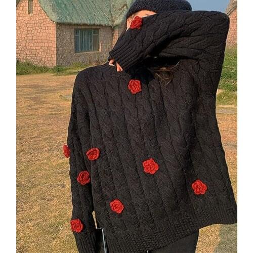 Elegant Women Sweater Autumn Winter Red Flowers Girls O-neck Full Sleeve Pullover Outwear Fashion Korean Chic Loose