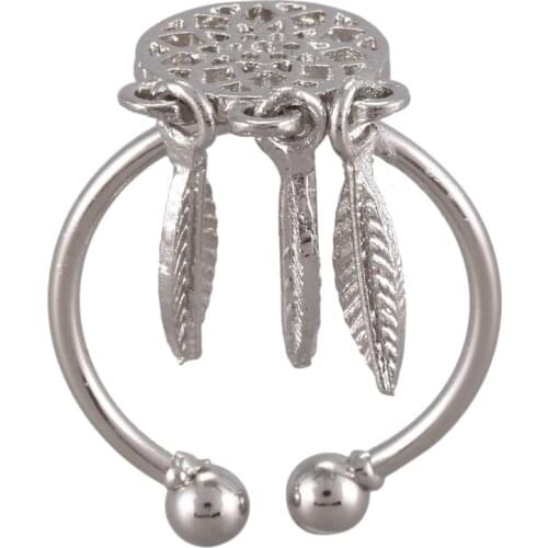 Women Hollow Dream Catcher Feather Pendant Opening Ring (Silver-color)