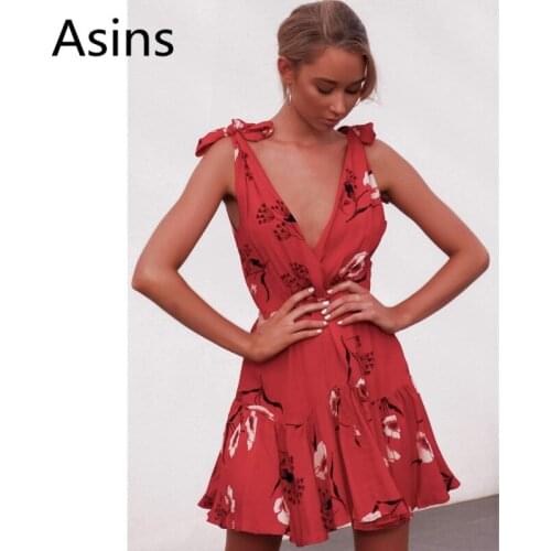 Asins dress women 2019 summer new hot casual fashion high waist wild printing sleeveless deep V neck slim sexy open back dress