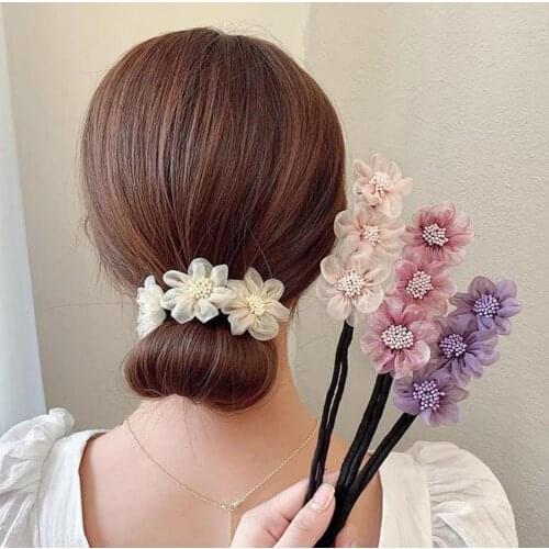 1Pcs Half Ball HairpinThree Flower Decor Headband Meatball Head Net Yarn Flower Bud Hair Circle Head Jewelry Hair Accessories