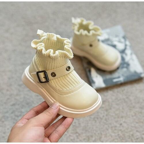 AOGT 2021 Autumn Baby Boots For Girl 0-3 Year Soft Microfiber Leather Infant Shoes Square Toe Ruffle Flat Toddler Shoes