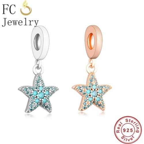 FC Jewelry Fit Original Brand Charm Bracelet 100% 925 Silver Rose Gold Starfish Blue Zirconia Bead For Making Women Berloque