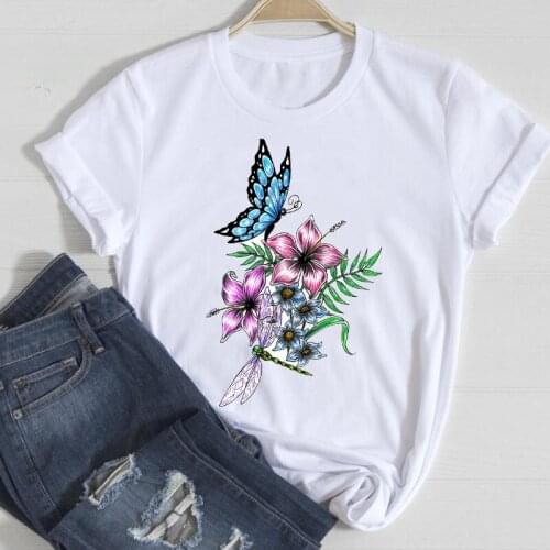 T-shirts Women Butterfly Cartoon Flower Fashion 2021 Cute Spring Summer Clothes Graphic Tshirt Top Lady Print Female Tee T-Shirt