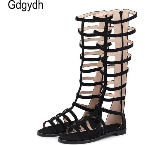 Gdgydh Women Sandals Flat Heel Gladiator Female Shoes Open Toe Cut-Out Hollow Rome Summer Shoes Knee High With Zipper On Sale