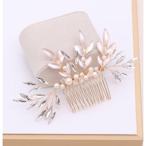 Trendy Gold Pearl Comb Handmade Crystal Leaf Hair Combs Wedding Hair Accessories Tiaras Bridal Women Hair Jewelry Head Ornaments