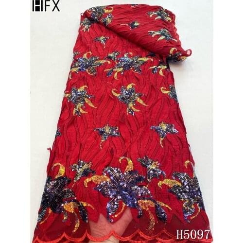 HFX red color Latest African sequin Lace Fabric 2021 High Quality Velvet Lace Nigerian Lace Fabric For Wedding Dress H5097