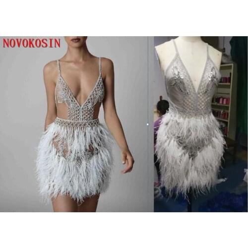 Berta 2019 Ostrich Feather Sexy Cocktail Dresses Spaghetti V Neck Backless Beaded Prom Gowns Illusion Short Formal Evening Dress