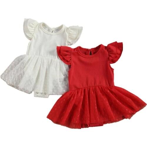 0-18M Infant Baby Girl Valentines Day Romper Dress Fly Sleeve Knit Top Hearts Full Print Tulle Tutu Playsuit Sweet Dress