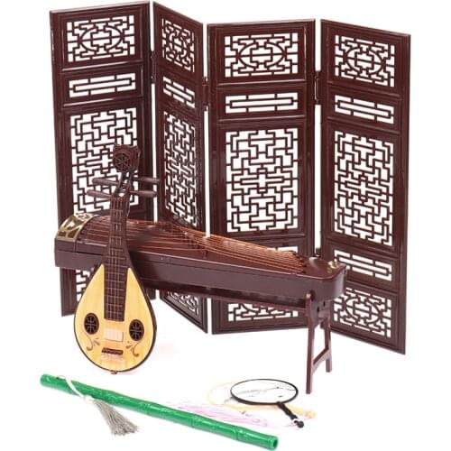 New Hot！Exquisite Retro Dollhouse Miniature Folding Screen Flute Lute Guzheng Fan Life Scene Ornament