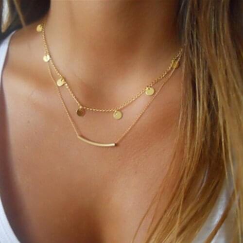 New Hot Fashion Punk Minimalist Arc Bent Empty Tube Bar Smile Chain Short Clavicle Necklac Metal Sequin Necklace Women Jewelry