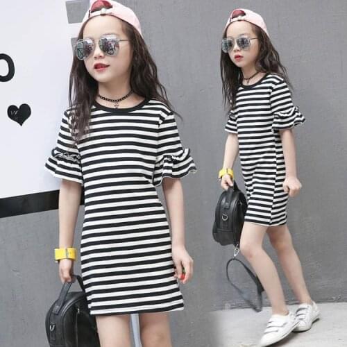Summer Dress For Girls Striped Ruffle Sleeve Dresses Big Kids Party Frocks Teenage Children Clothes Age 3 4 6 8 10 12 14 yrs