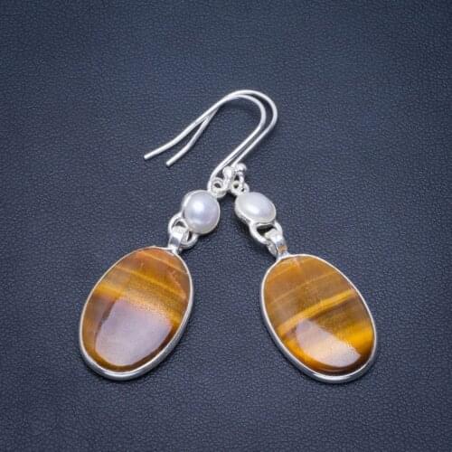 Natural Tiger Eye and River Pearl Handmade Unique 925 Sterling Silver Earrings 2" B2699