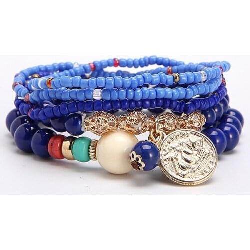 Boho Blue Multilayer Bracelet Fashion Ethnic Summer Coin Pendant Handmade Beaded Strands Bracelets Pulseras Mujer Jewelry