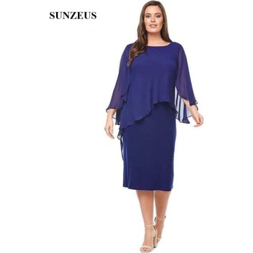Navy Blue Knee Length Mother Of The Bride Dress With Chiffon Cape Simple Women Formal Dinner Gowns Wedding Guest Dress Party