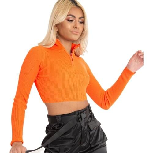 Women Long Sleeve Zipper Crop Top Fashion Stand Collar Solid Color Top for Women Ladies