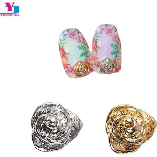 5pcs/lot Rose Flower Design Nail Art Decorations 3D Glitter Gold Silver Metallic DIY Nails Accessoires Women Charns Jewelry Unha