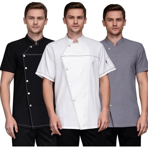 Unisex Chef Jacket Restaurant Uniform Short Sleeve Head Chef Uniform for Summer Cooking Clothes Kitchen Apron with Pockets