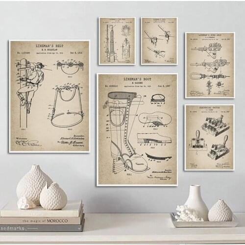 Vintage Lineman Patent Posters and Prints Powerline Technician Gift Safety Boot Blueprint Art Canvas Painting Wall Picture Decor