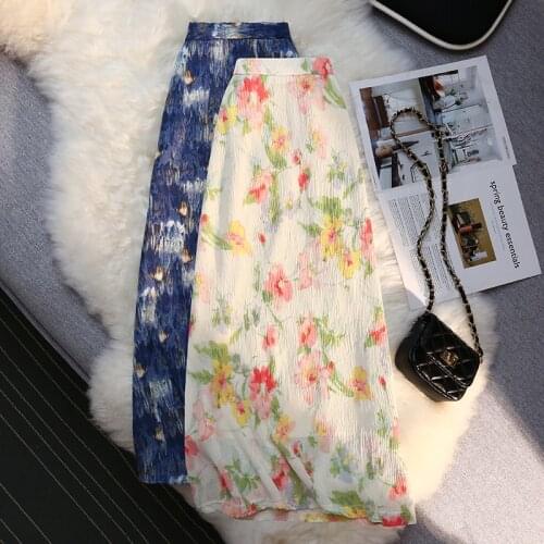 Limiguyue Chic White Floral Print Skirt Summer Gentle Women A-Line High Waist Skirt Fashion Blue Oil Painting Jupe Longue K1959