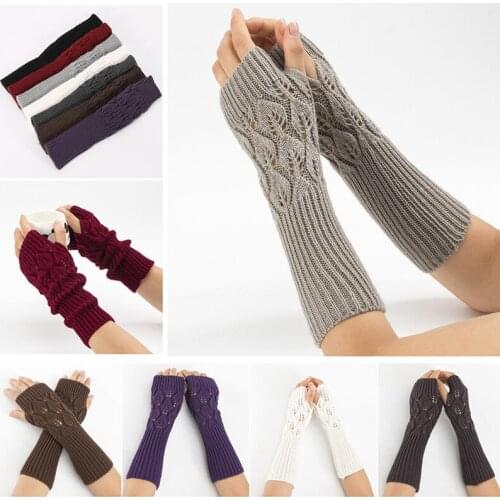 Winter Women Long Sleeves Mittens Solid Soft Thicker Warm Acrylic Stretch Knit Half Finger Fingerless Arm Warmers Gloves C81
