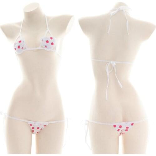 Women Cotton Strawberry Heart Bikini Set Japanese Cute Sexy Lingerie Lolita Swimsuit Erotic Costumes Bra Women Underwear
