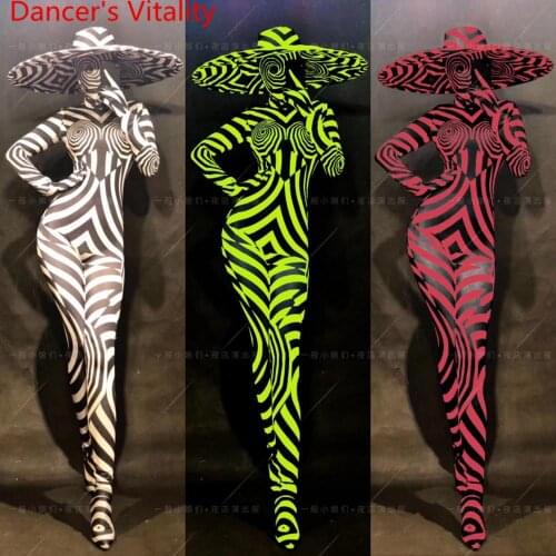 Bar Nightclub Hallowmas Carnival Party Women Singer Pole Jazz Disco Dance Zebra Stripes Suit Stage Wear Performance Costume