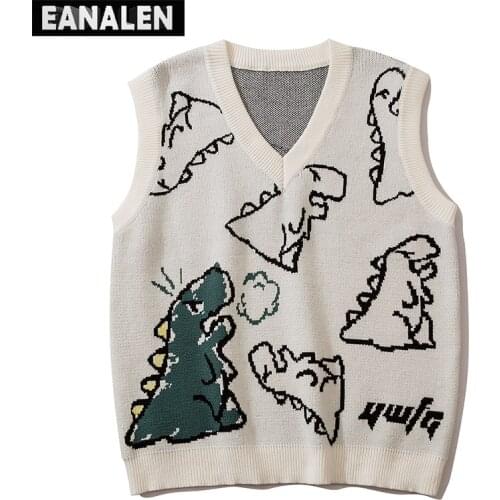 Harajuku dinosaur monster graphic knitted V-neck sweater vest female cartoon anime sleeveless pullover men retro street hip hop
