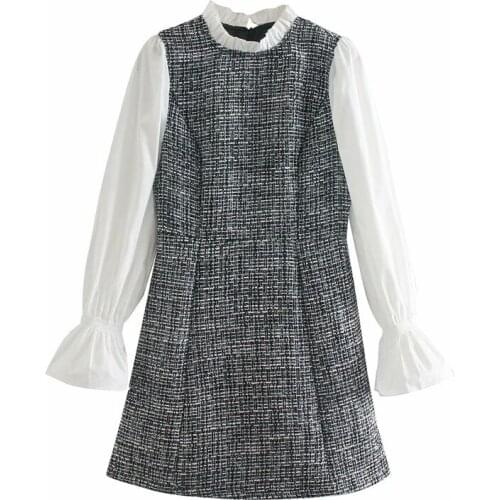 Evfer Women Fashion Patchwork Long Lantern Sleeve Za Autumn Plaid Dresses Chic Ladies Stand Collar Ruffles High Waist Mini Dress