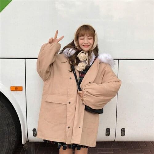 Womens Coat 2021 New Winter Loose Mid-Length Fur Collar Hooded Zipper Thickening Student Cotton Padded Outwear Female