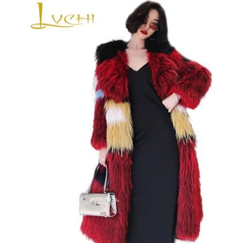 LVCHI 2019 Winter Real Fox Fur Coats Slim Real Natural Fox Fur Coat Womens Striped Gradient Contrast Color Print Fox Fur Coats