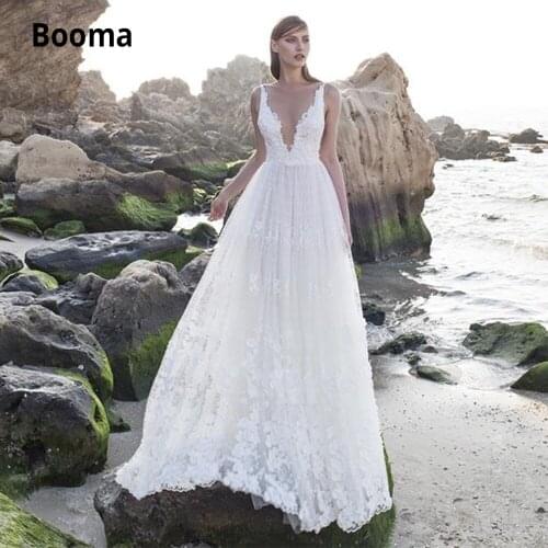 Booma Beach Wedding Dresses Boho 2019 Sexy V-neck Lace Appliques Soft Tulle Bridal Gowns Bohemian Plus Size Open Back A-line