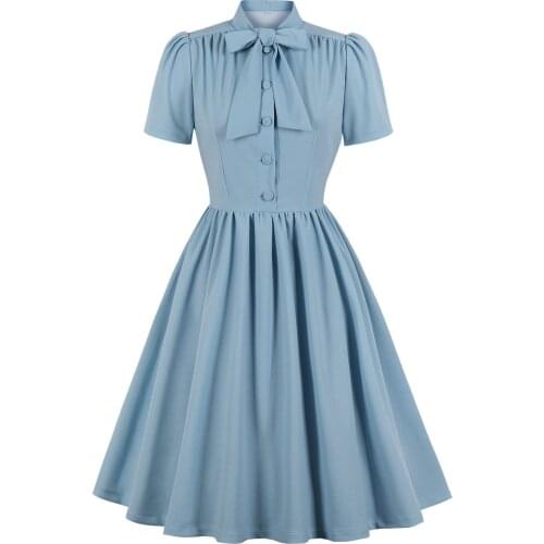 2021 Retro Elegant Summer Dress For Women High Waist Bow Neck Light Blue Casual Ladies And Girls 50’s 60’s French Vintage Jurken