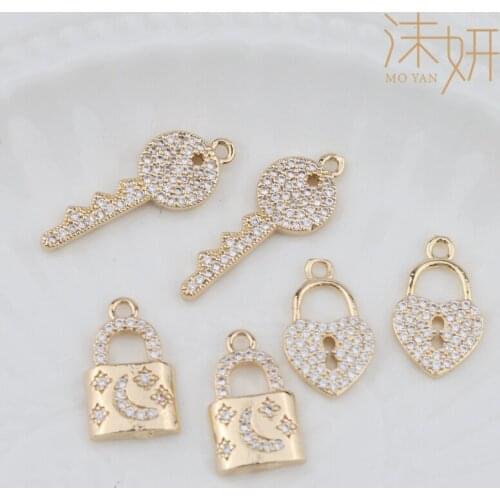 2pcs Gold Plated Key Shape Copper Pendant Inlaid Zircon DIY Earring Necklace Jewelry Accessories Material